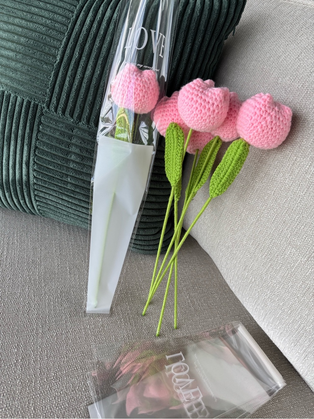 Pink Crochet Tulip Flowers Set of 6 Forever Flower Gift Bouquet NEW